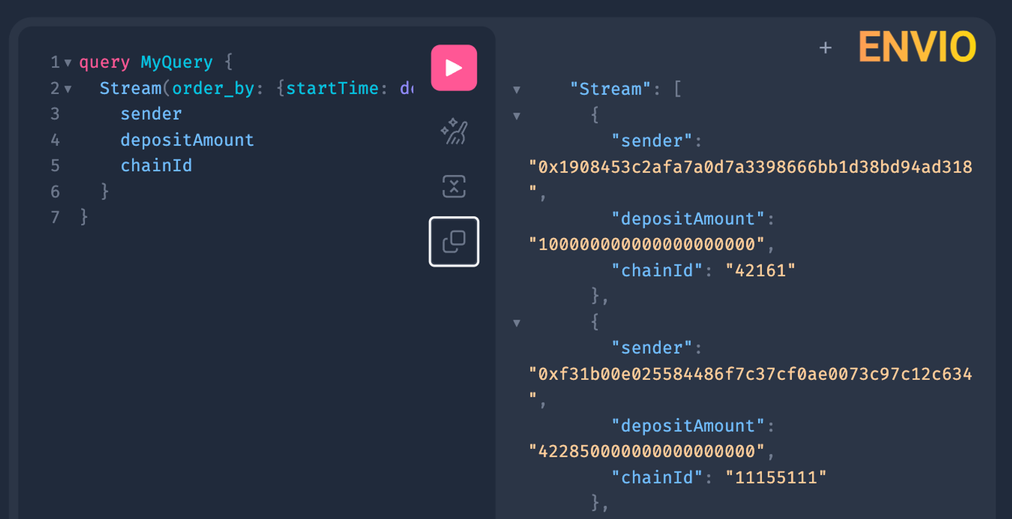 GraphQL playground showing a Stream query for sender, depositAmount, and chainId with JSON results from multiple chains