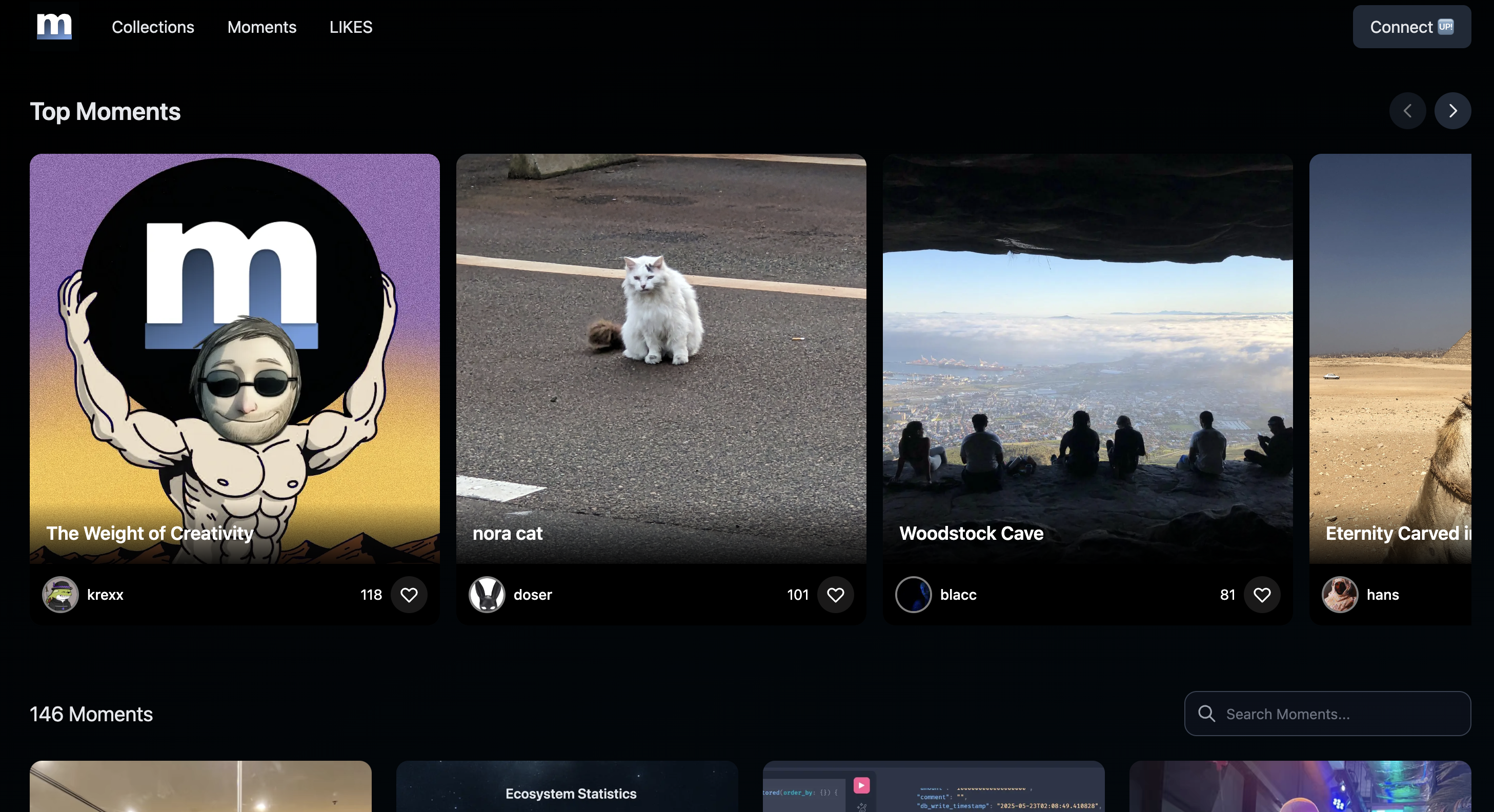 Forever Moments app interface showing a Top Moments grid of onchain media collections