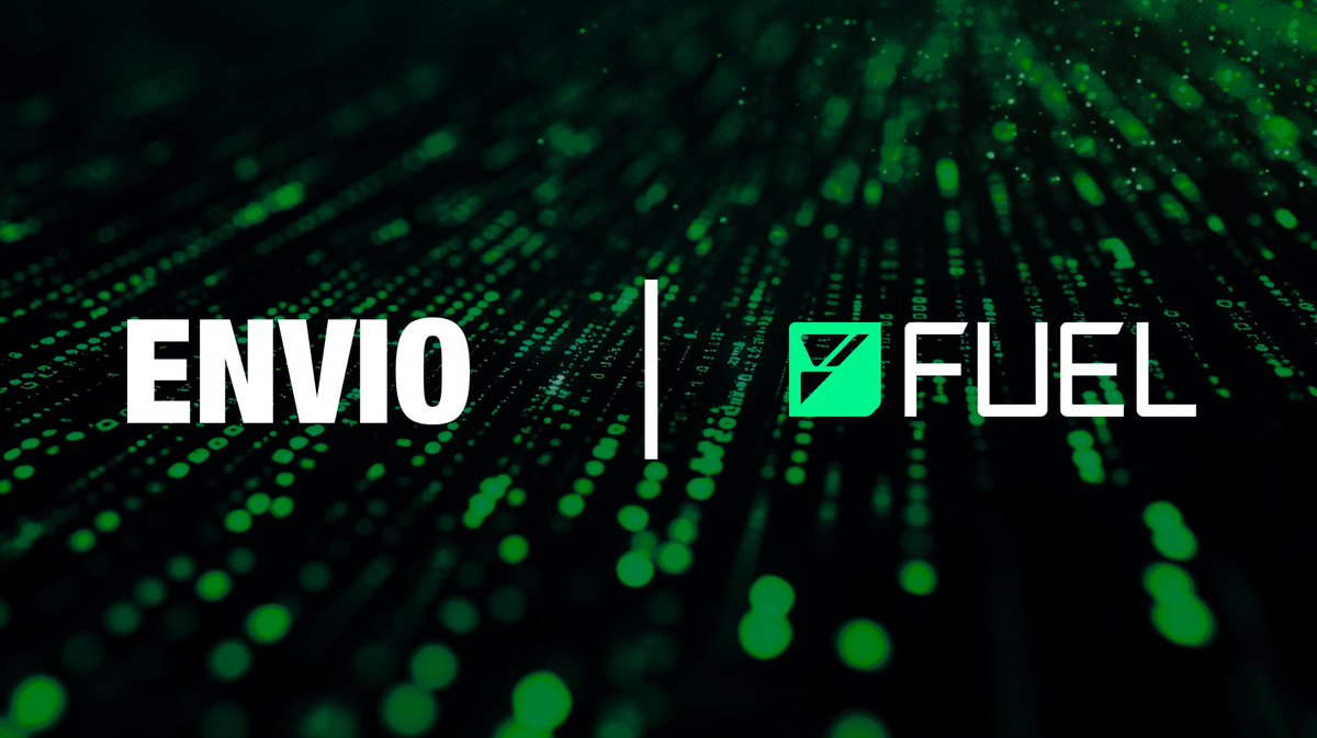 Envio and Fuel partnership banner with both logos over a green data particle background