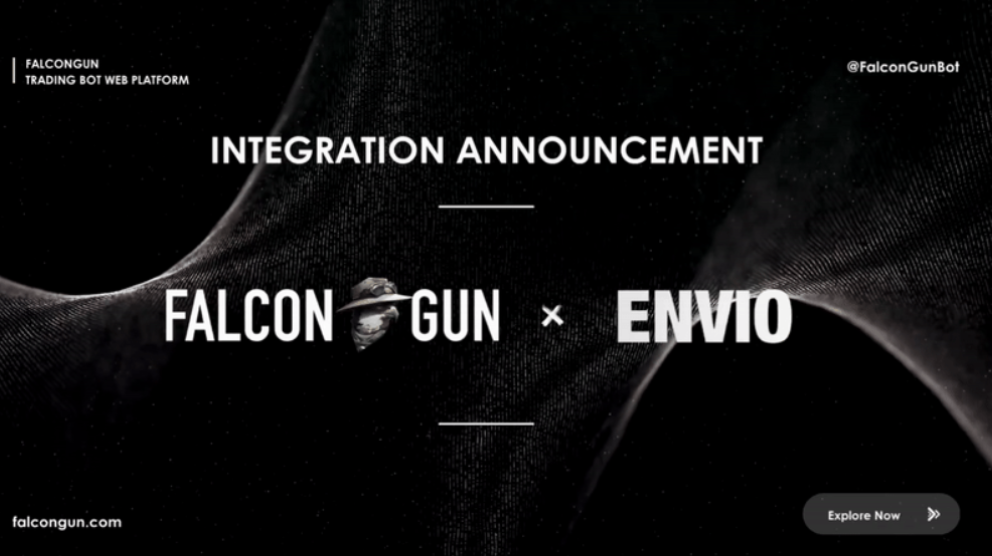 Integration announcement banner showing Falcon Gun and Envio logos side by side